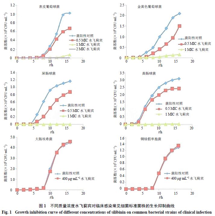 不同质量浓度水飞蓟宾对6种标准菌株的生长抑制曲线（二）